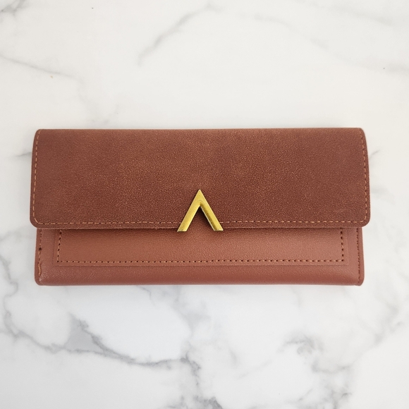 Handbags - Brown Pu Leather Clutch Wallet With Gold V Accent
